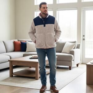 Southern Proper Old Glory Sherpa Pullover Mens M Cream USA Flag Fleece